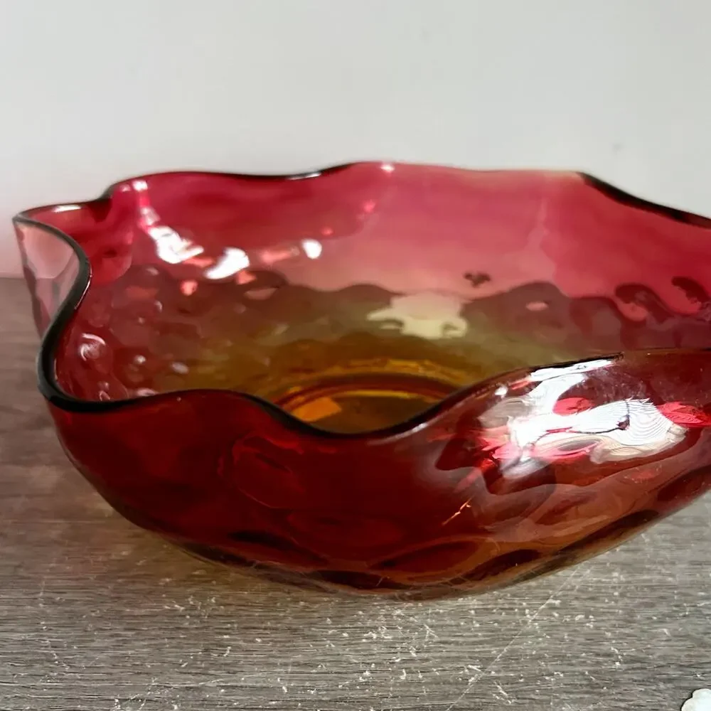 Antique Amberina Rose Amber Thumprint Art Glass Ruffle Edge Serving / Fruit Bowl